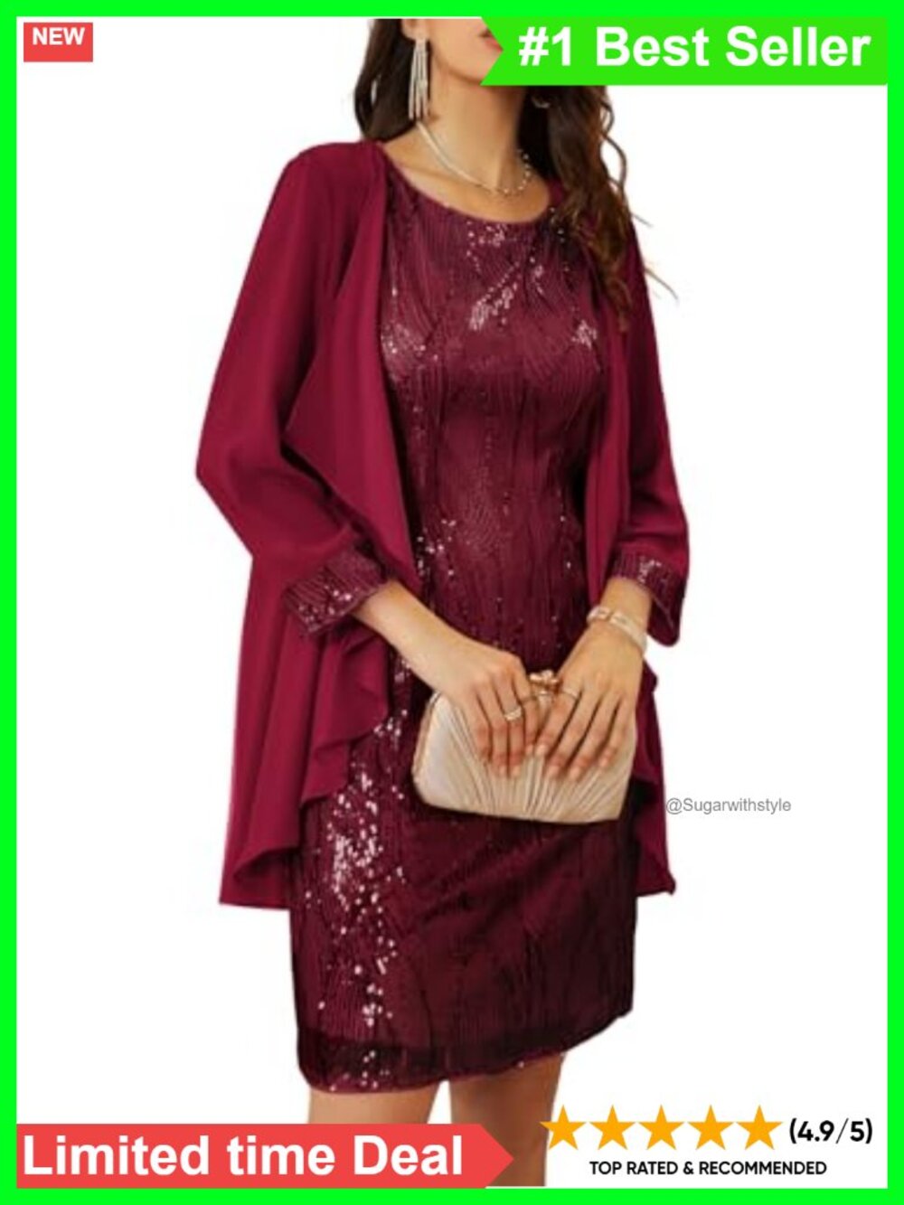 Womens Sequin Bodycon Dress with Jacket Tea Length Formal Wedding Guest